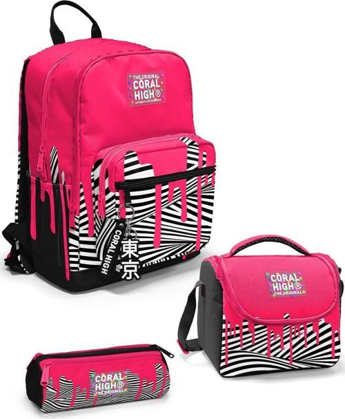 Pembe Siyah Beyaz Desenli 3’lü Okul Çanta Seti SET0123678