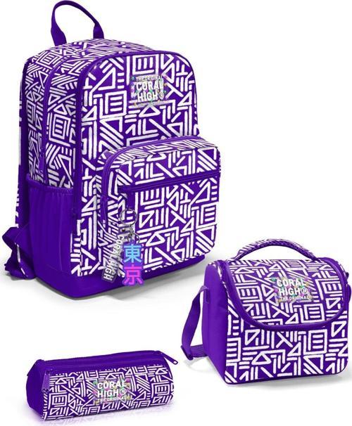 Mor Beyaz Geometrik Desenli 3’lü Okul Çanta Seti SET0123683