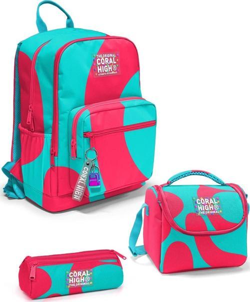 Neon Mercan Turkuaz Desenli 3’lü Okul Çanta Seti SET0123685