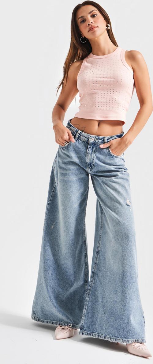 Kadın T.Kot Rengi 10s5-32 Elephant Leg Bol Kesim %100 Koton Yırtık Detaylı Denim Jean