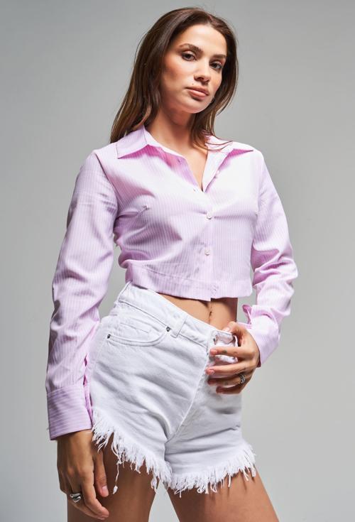 Kadın Pembe Çizgili Renk s5-98 Crop Fit Gömlek