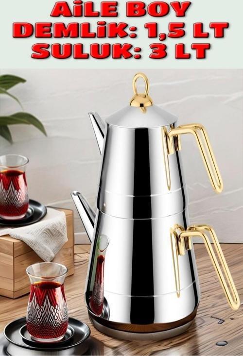 Piramit Paslanmaz Çelik Çaydanlık Takımı Aile Boy Altın Kulp 3056