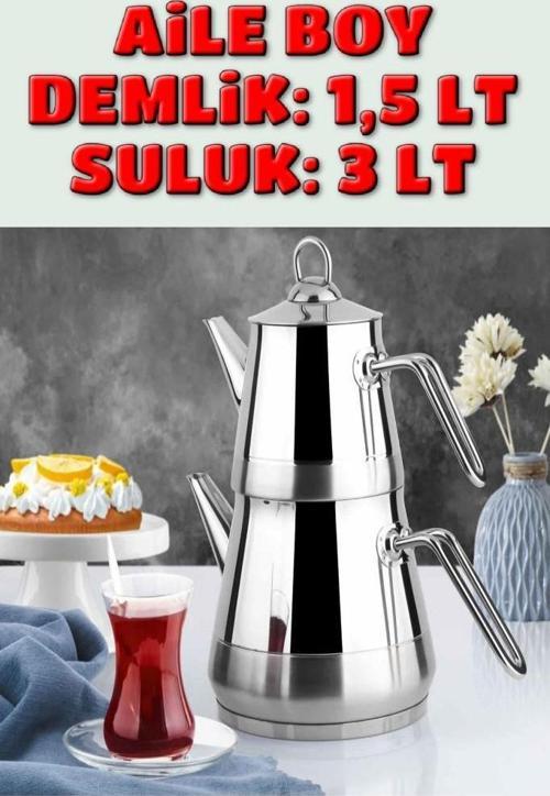 Piramit Paslanmaz Çelik Çaydanlık Takımı Aile Boy Metal Kulp 3059