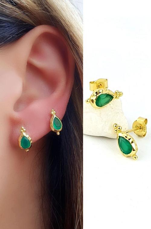 925 ayar Gümüş Üzerine Altın Kaplama Tasarım Kök zümrüt Taşı Minimal Küpe