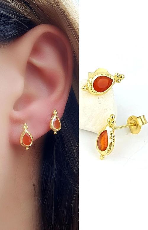 925ayar Gümüş Üzerine Altın Kaplama Tasarım Akik Taşı Minimal Küpe 