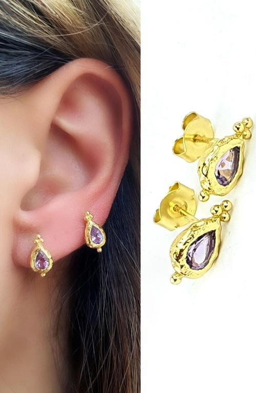 925ayar Gümüş Üzerine Altın Kaplama Tasarım Ametist Taşı Minimal Küpe 