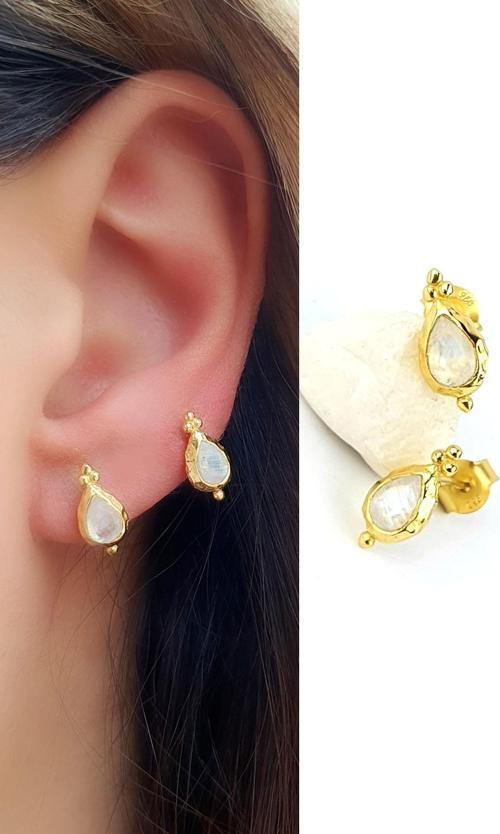 925ayar Gümüş Üzerine Altın Kaplama Tasarım Ay Taşı Minimal Küpe 1cm