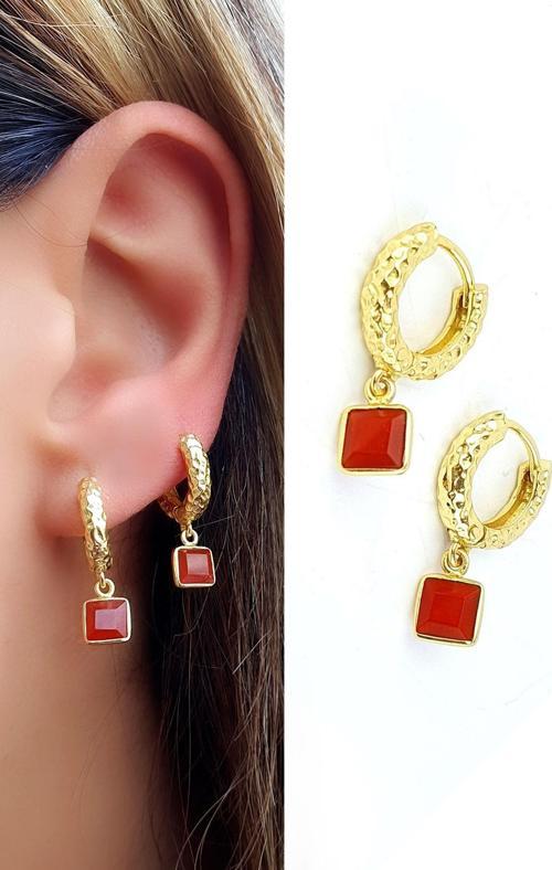 Akik taşlı 925ayar gümüş üzerine altın kaplama minimal Sallantılı Halka küpe 1 cm