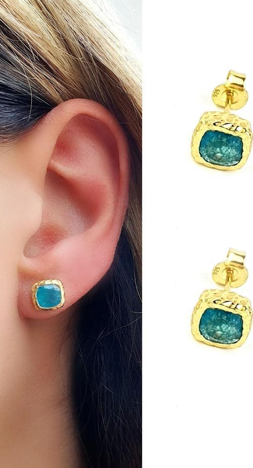 Aquamarin Taşlı 925ayar Gümüş Üzerine Altın Kaplama Tasarım küpe 