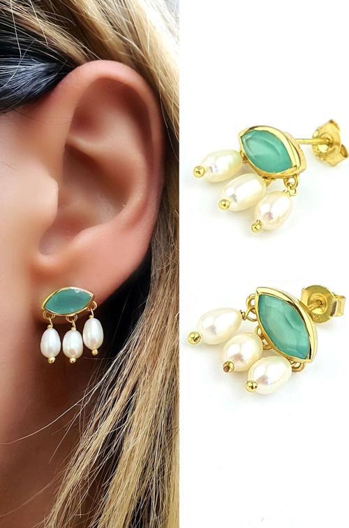 Kalsedon ve Barok İncili 925 ayar Gümüş Tasarım Göz Küpe 