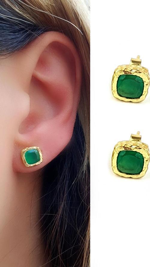 Kök zümrüt Taşlı 925ayar Gümüş Üzerine Altın Kaplama Tasarım küpe 