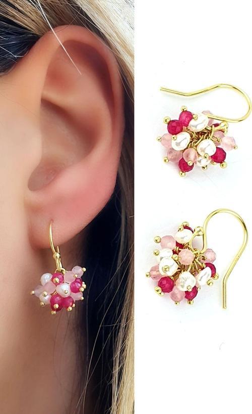 Pembe kuvars Pembe Turmalin ve İncili 925ayar Gümüş Üzerine Altın Kaplama Tasarım Salkım Küpe 