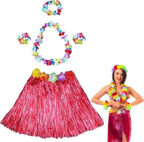 Hawaii Dans Kostümü – Kırmızı Hula Etek Çiçek Kolye Seti