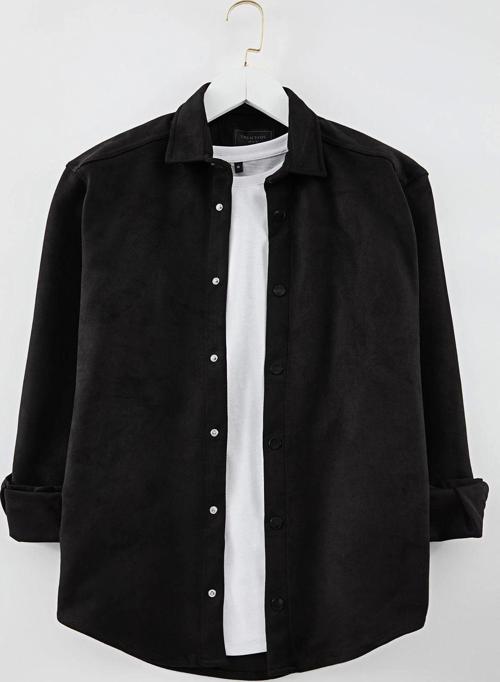 Şık Düz Desen Gömlek Yaka Slim Fit Süet Kışlık Gömlek