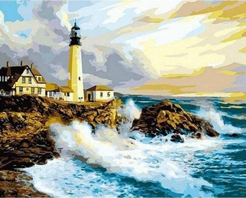 Canvas Deniz Feneri ve Dalgalar Sayılarla Boyama Seti  Kasnaklı 90 x 110 cm