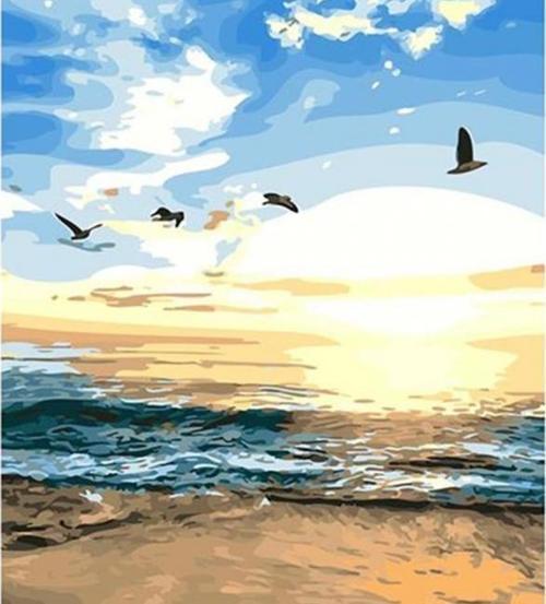 Canvas Kumsalda Gün Batımı Sayılarla Boyama Seti  Kasnaklı 50 x 65 cm