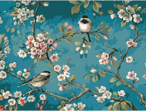 Canvas Kuşlar ve Badem Ağcı Sayılarla Boyama Seti Kasnaklı 100 x 140 cm