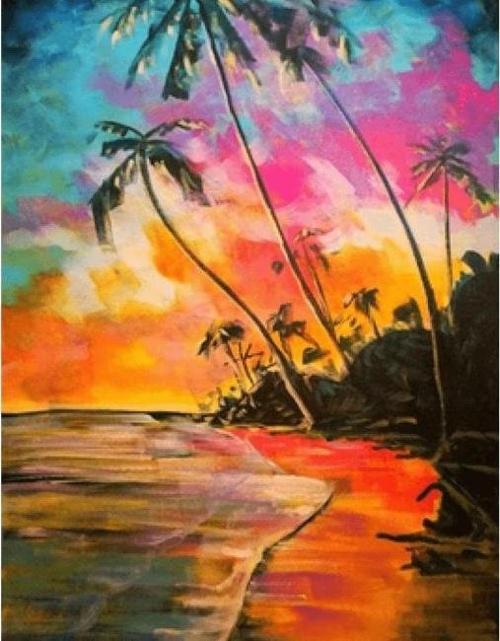 Canvas Palmiye ve Sahil Sayılarla Boyama Seti  Kasnaklı 40 x 50 cm