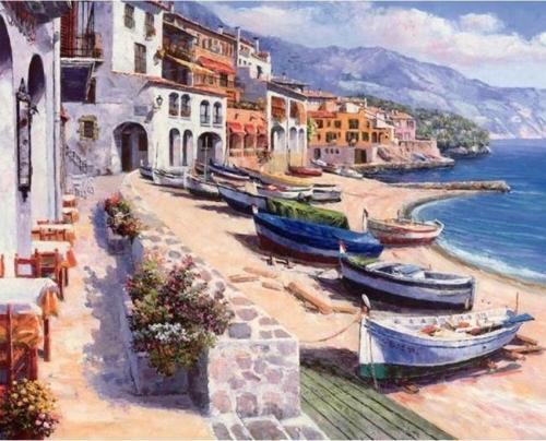 Canvas Huzurlu Kasaba İtalya Kıyıları Sayılarla Boyama Seti  Kasnaklı 40 x 50 cm