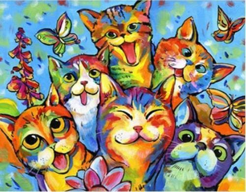 Canvas Gülen Kediler Sayılarla Boyama Seti  Kasnaklı 50 x 65 cm
