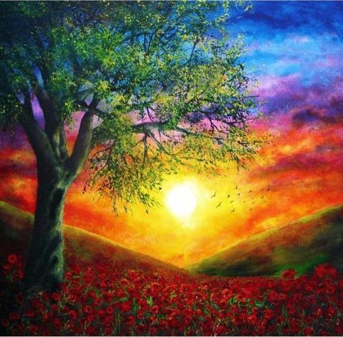 Canvas Gün Batımı ve Doğa Sayılarla Boyama Seti  Kasnaklı 40 x 50 cm