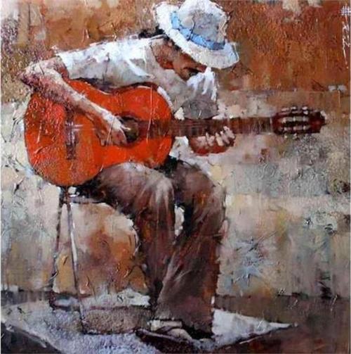 Canvas Şapkalı Gitarist Sayılarla Boyama Seti  Kasnaklı 50 x 65 cm