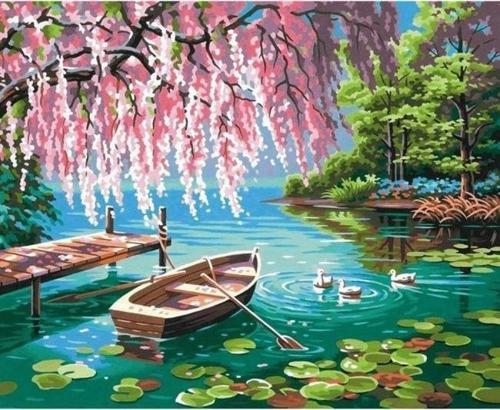 Canvas Pembe Söğüt ve Göl Sayılarla Boyama Seti  Kasnaklı 100 x 140 cm