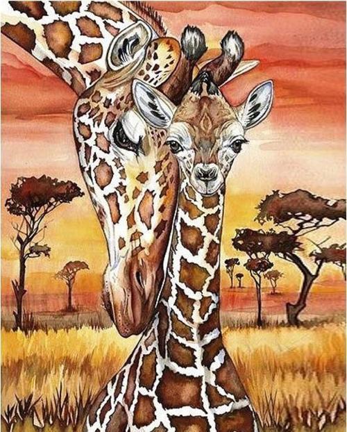 Canvas Zürafa ve Yavrusu Sayılarla Boyama Seti  Kasnaklı 60 x 75 cm