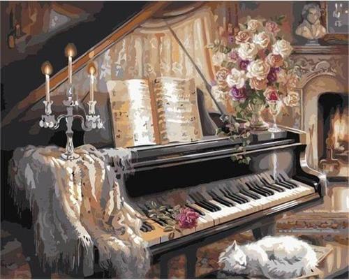 Canvas Mumlar ve Piyano Sayılarla Boyama Seti  Kasnaklı 40 x 50 cm