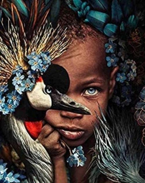 Canvas Afrikalı Çocuk Ve Kuş Sayılarla Boyama Seti   Kasnaklı 100 x 140 cm