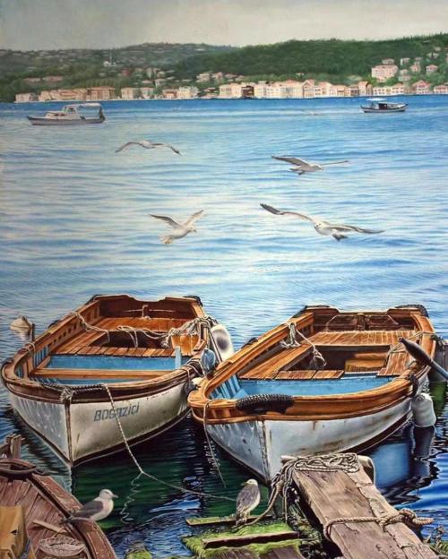 Canvas Kayıklar Ve Martılar Sayılarla Boyama Seti   Kasnaklı 90 x 110 cm