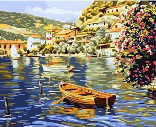 Canvas Sahil Kasabası ve Kayıklar 1 Sayılarla Boyama Seti Kasnaklı 50 x 65 cm