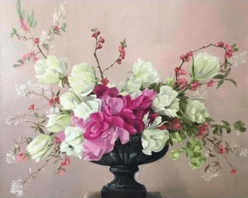 Canvas Siyah Vazodaki Çiçekler Sayılarla Boyama Seti  Kasnaklı 40 x 50 cm