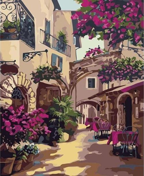 Canvas Sokak Arasındaki Restoran Sayılarla Boyama  Seti  Kasnaklı 100 x 140 cm