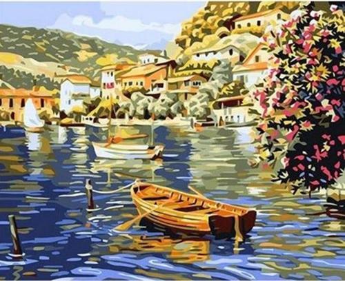 Canvas Sahil Kasabası ve Kayıklar 1  Sayılarla Boyama Seti  Kasnaklı 60 x 75 cm