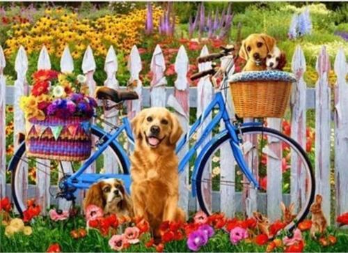 Canvas Sevimli Köpekler ve Bisiklet Sayılarla Boyama Seti  Kasnaklı 100 x 140 cm