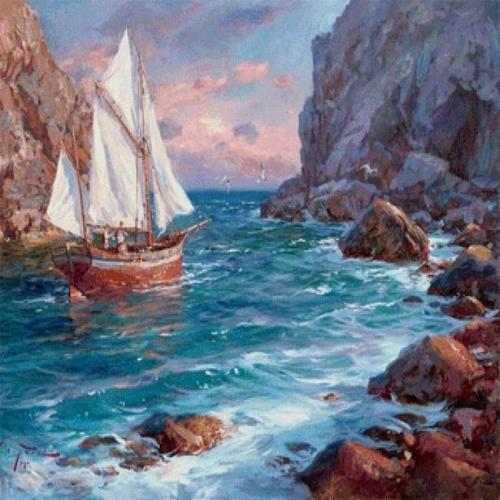 Canvas Yelkenli Kıyıda Sayılarla Boyama Seti  Kasnaklı 60 x 75 cm