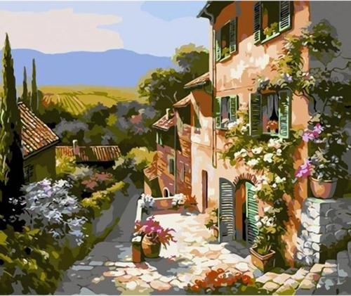 Canvas Taş Sokaklı Kasaba Sayılarla Boyama Seti  Kasnaklı 60 x 75 cm