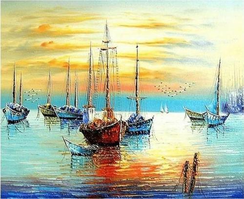 Canvas Sahilde Gün Batımı Sayılarla Boyama Seti  Kasnaklı 50 x 65 cm