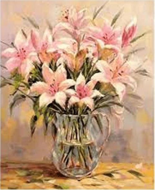 Canvas Vazodaki Zambaklar Sayılarla Boyama Seti  Kasnaklı 40 x 50 cm