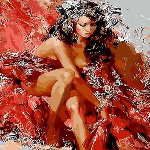 Canvas Kırmızı Ve Kadın Sayılarla Boyama Seti   Kasnaklı 50 x 65 cm