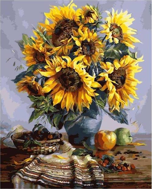 Canvas Masa Ve Ayçiçek Sayılarla Boyama Seti   Kasnaklı 70 x 90 cm