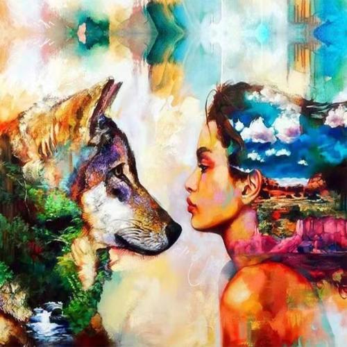 Canvas Renkli Kurt ve Kadın Sayılarla Boyama Seti  Kasnaklı 60 x 75 cm