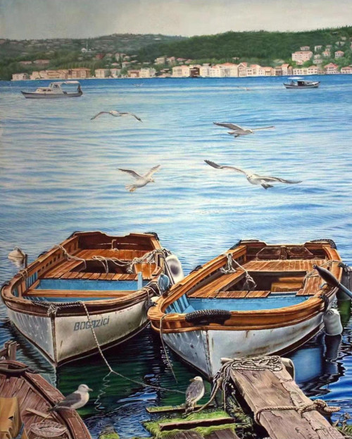 Canvas Kayıklar Ve Martılar Sayılarla Boyama Seti Kasnaklı 50 x 65 cm