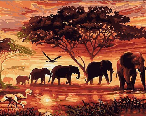Canvas Savan Ağacı Ve Filler Afrika Sayılarla Boyama Seti Kasnaklı 40 x 50 cm