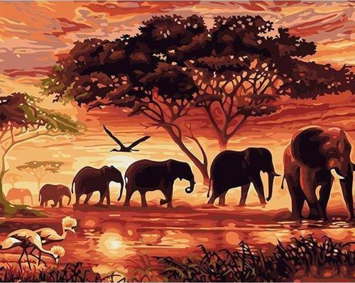 Canvas Savan Ağacı Ve Filler Afrika Sayılarla Boyama Seti   Kasnaklı 60 x 75 cm