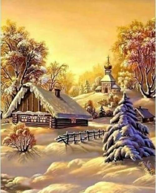 Canvas Bir Kış Manzarası Sayılarla Boyama Seti  Kasnaklı 70 x 90 cm