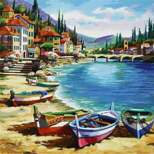 Canvas Köprülü Sahil Köyü Sayılarla Boyama Seti Kasnaklı 100 x 140 cm