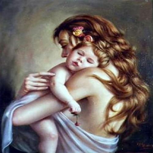 Canvas Anne Ve Bebeği Sayılarla Boyama Seti   Kasnaklı 50 x 65 cm