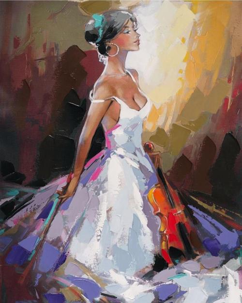 Canvas Beyaz Elbiseli Kemancı Sayılarla Boyama Seti   Kasnaklı 70 x 90 cm